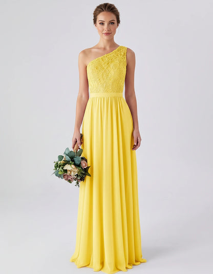 Lace Chiffon Sleeveless One-Shoulder A-Line Maxi Dress for Party, Cocktail, Evening, Wedding Guest & Summer Events, front vie
