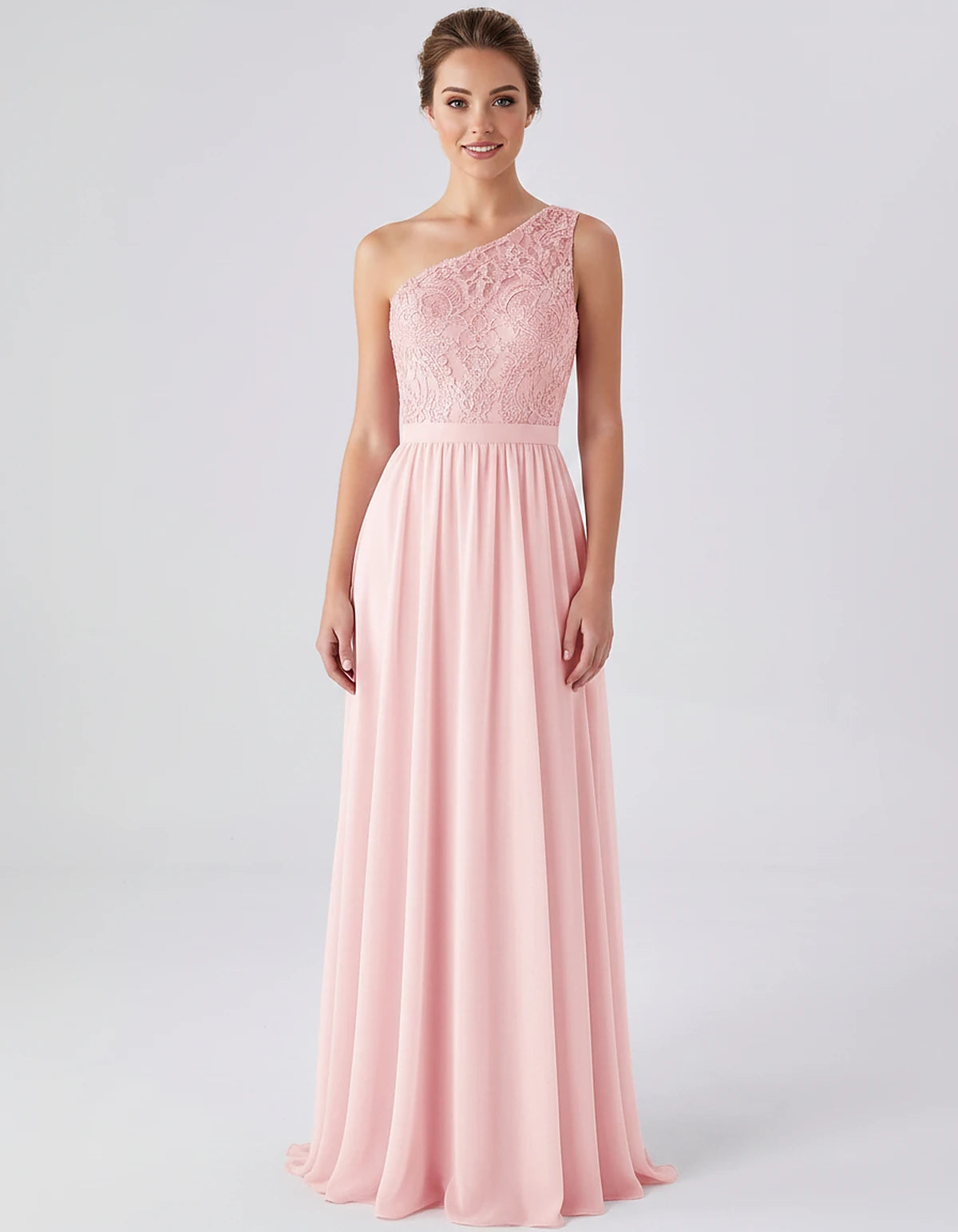 Lace Chiffon Sleeveless One-Shoulder A-Line Maxi Dress for Party, Cocktail, Evening, Wedding Guest & Summer Events, front vie