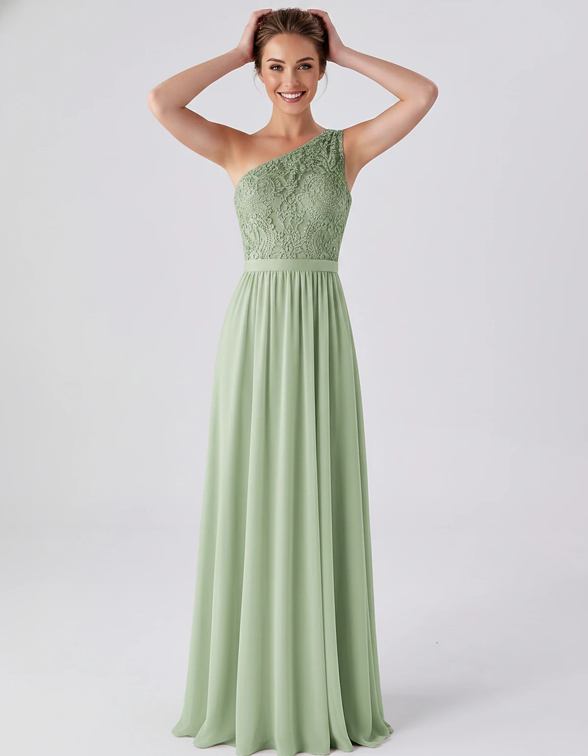 Lace Chiffon Sleeveless One-Shoulder A-Line Maxi Dress for Party, Cocktail, Evening, Wedding Guest & Summer Events, front vie