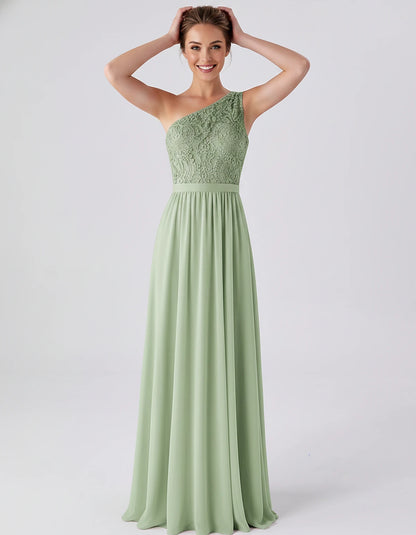 Lace Chiffon Sleeveless One-Shoulder A-Line Maxi Dress for Party, Cocktail, Evening, Wedding Guest & Summer Events, front vie