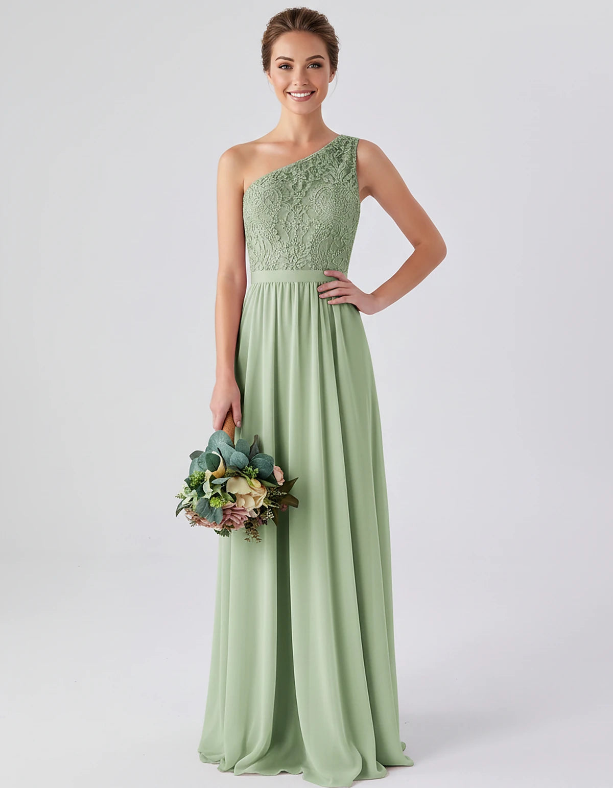 Lace Chiffon Sleeveless One-Shoulder A-Line Maxi Dress for Party, Cocktail, Evening, Wedding Guest & Summer Events, front vie