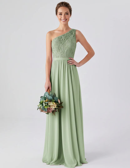 Lace Chiffon Sleeveless One-Shoulder A-Line Maxi Dress for Party, Cocktail, Evening, Wedding Guest & Summer Events, front vie