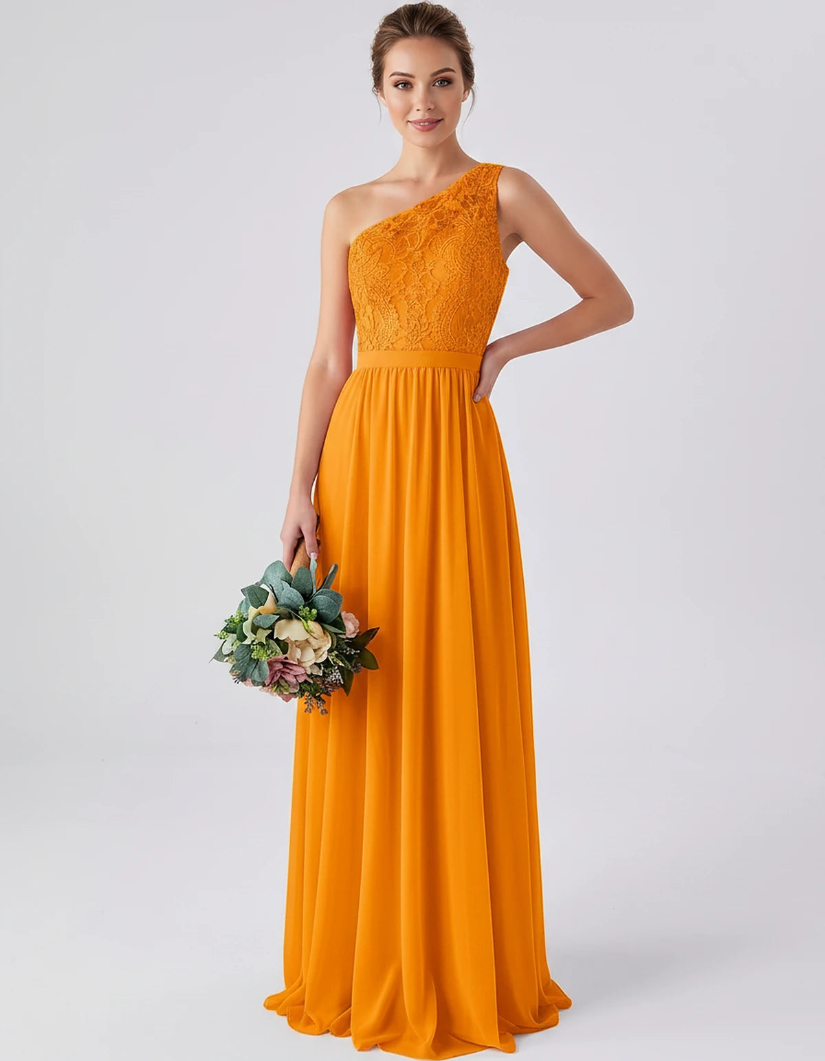 Lace Chiffon Sleeveless One-Shoulder A-Line Maxi Dress for Party, Cocktail, Evening, Wedding Guest & Summer Events, front vie