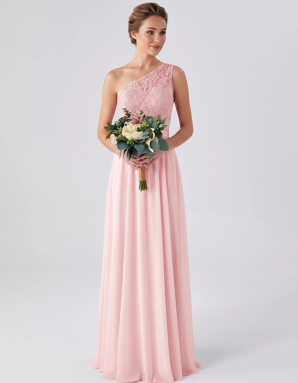 Lace Chiffon Sleeveless One-Shoulder A-Line Maxi Dress for Party, Cocktail, Evening, Wedding Guest & Summer Events, front vie