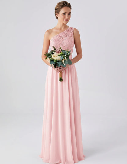 Lace Chiffon Sleeveless One-Shoulder A-Line Maxi Dress for Party, Cocktail, Evening, Wedding Guest & Summer Events, front vie