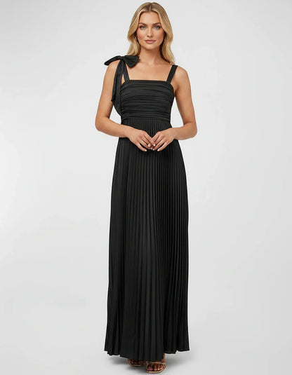 Satin-Feel Sleeveless Square Neck Empire Waist Pleated Maxi Dress for Party, Cocktail, Evening, Wedding Guest & Summer Events | SKU: VMD-583741920684157-BLACK-L,VMD-583741920684157-BLACK-M,VMD-583741920684157-BLACK-S,VMD-583741920684157-BLACK-XL,VMD-583741920684157-BLACK-XS