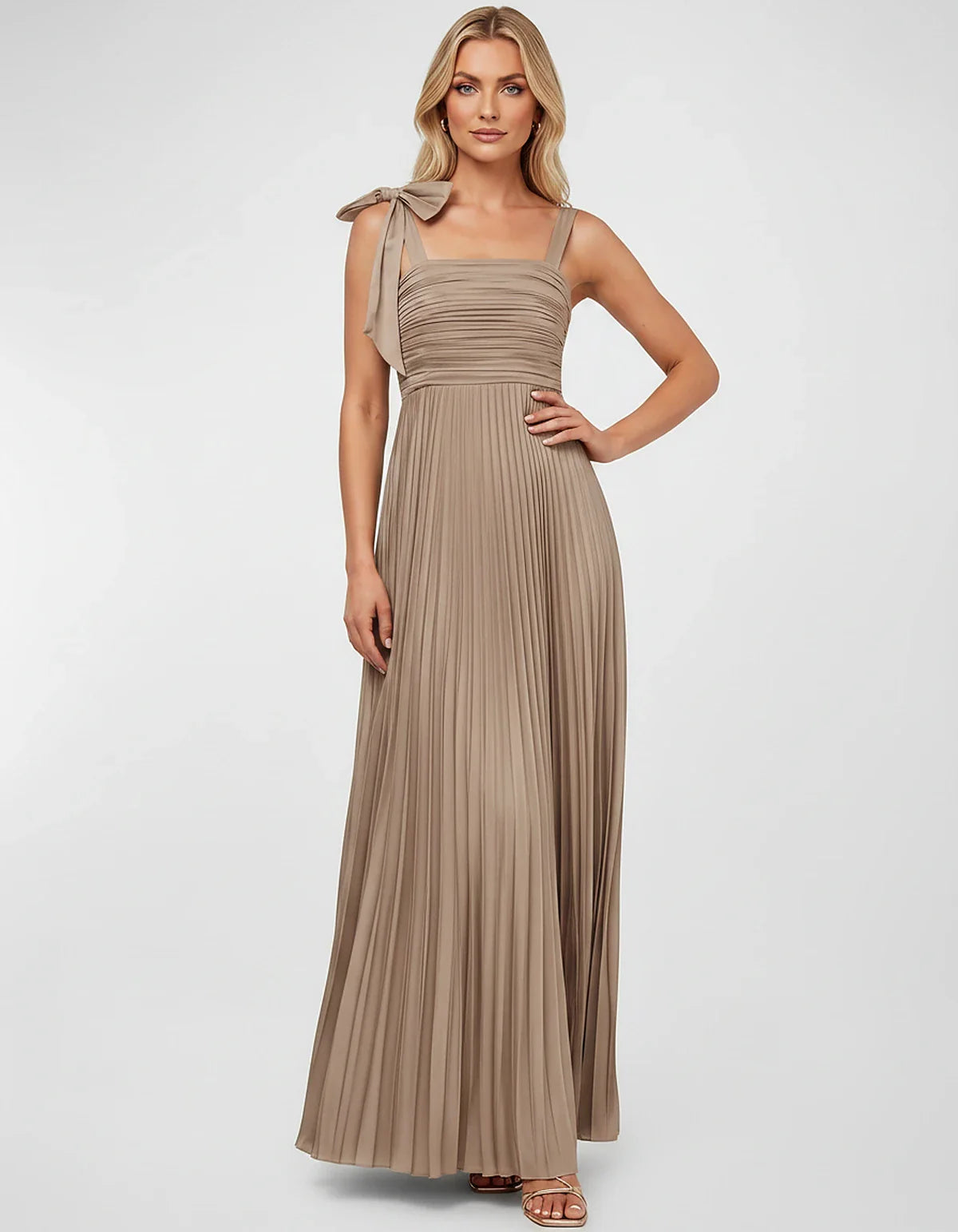 Satin-Feel Sleeveless Square Neck Empire Waist Pleated Maxi Dress for Party, Cocktail, Evening, Wedding Guest & Summer Events | SKU: VMD-583741920684157-TAN-L,VMD-583741920684157-TAN-M,VMD-583741920684157-TAN-S,VMD-583741920684157-TAN-XL,VMD-583741920684157-TAN-XS