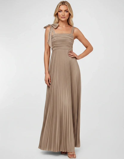 Satin-Feel Sleeveless Square Neck Empire Waist Pleated Maxi Dress for Party, Cocktail, Evening, Wedding Guest & Summer Events | SKU: VMD-583741920684157-TAN-L,VMD-583741920684157-TAN-M,VMD-583741920684157-TAN-S,VMD-583741920684157-TAN-XL,VMD-583741920684157-TAN-XS