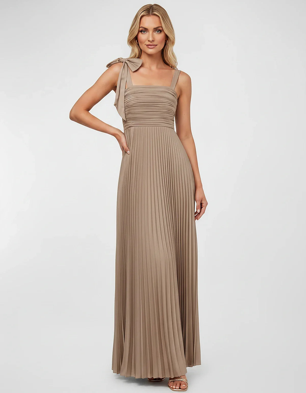 Satin-Feel Sleeveless Square Neck Empire Waist Pleated Maxi Dress for Party, Cocktail, Evening, Wedding Guest & Summer Events | SKU: VMD-583741920684157-TAN-L,VMD-583741920684157-TAN-M,VMD-583741920684157-TAN-S,VMD-583741920684157-TAN-XL,VMD-583741920684157-TAN-XS