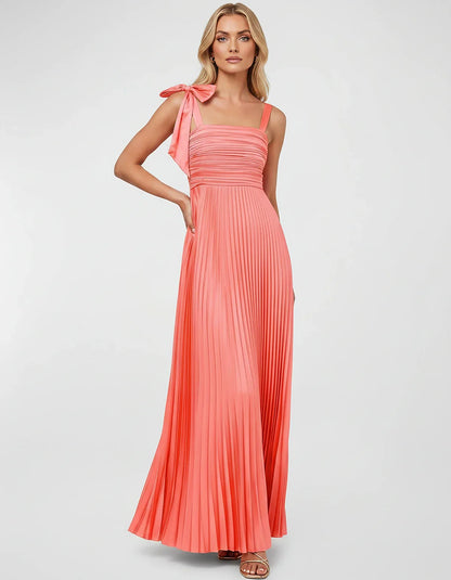 Satin-Feel Sleeveless Square Neck Empire Waist Pleated Maxi Dress for Party, Cocktail, Evening, Wedding Guest & Summer Events | SKU: VMD-583741920684157-CORAL-L,VMD-583741920684157-CORAL-M,VMD-583741920684157-CORAL-S,VMD-583741920684157-CORAL-XL,VMD-583741920684157-CORAL-XS