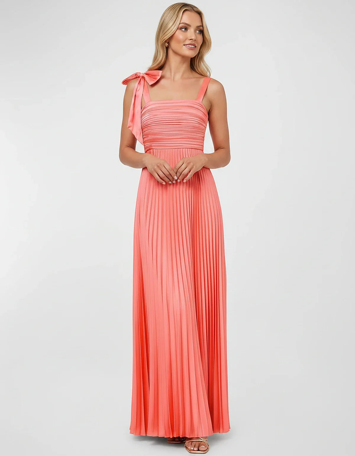 Satin-Feel Sleeveless Square Neck Empire Waist Pleated Maxi Dress for Party, Cocktail, Evening, Wedding Guest & Summer Events | SKU: VMD-583741920684157-CORAL-L,VMD-583741920684157-CORAL-M,VMD-583741920684157-CORAL-S,VMD-583741920684157-CORAL-XL,VMD-583741920684157-CORAL-XS