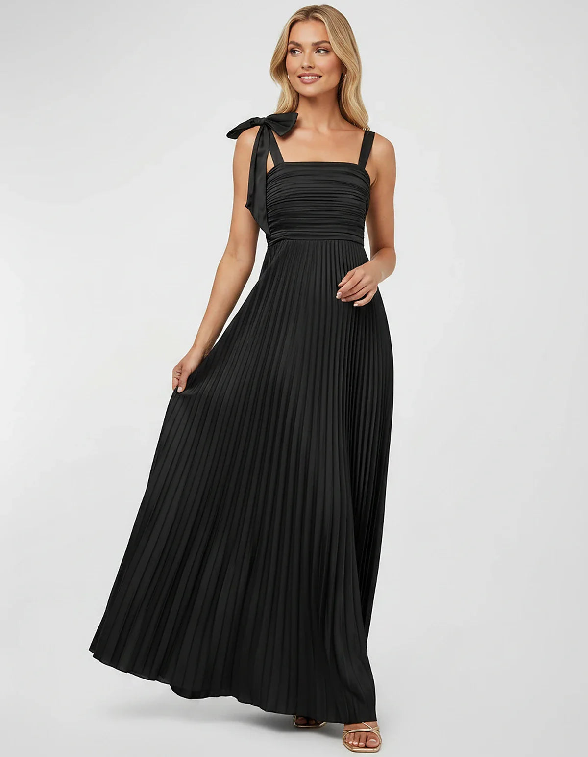 Satin-Feel Sleeveless Square Neck Empire Waist Pleated Maxi Dress for Party, Cocktail, Evening, Wedding Guest & Summer Events | SKU: VMD-583741920684157-BLACK-L,VMD-583741920684157-BLACK-M,VMD-583741920684157-BLACK-S,VMD-583741920684157-BLACK-XL,VMD-583741920684157-BLACK-XS