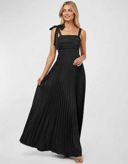 Satin-Feel Sleeveless Square Neck Empire Waist Pleated Maxi Dress for Party, Cocktail, Evening, Wedding Guest & Summer Events | SKU: VMD-583741920684157-BLACK-L,VMD-583741920684157-BLACK-M,VMD-583741920684157-BLACK-S,VMD-583741920684157-BLACK-XL,VMD-583741920684157-BLACK-XS