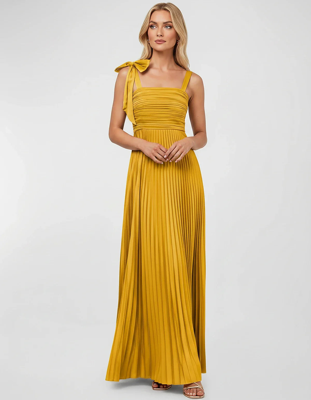 Satin-Feel Sleeveless Square Neck Empire Waist Pleated Maxi Dress for Party, Cocktail, Evening, Wedding Guest & Summer Events | SKU: VMD-583741920684157-GOLD-L,VMD-583741920684157-GOLD-M,VMD-583741920684157-GOLD-S,VMD-583741920684157-GOLD-XL,VMD-583741920684157-GOLD-XS