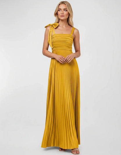 Satin-Feel Sleeveless Square Neck Empire Waist Pleated Maxi Dress for Party, Cocktail, Evening, Wedding Guest & Summer Events | SKU: VMD-583741920684157-GOLD-L,VMD-583741920684157-GOLD-M,VMD-583741920684157-GOLD-S,VMD-583741920684157-GOLD-XL,VMD-583741920684157-GOLD-XS