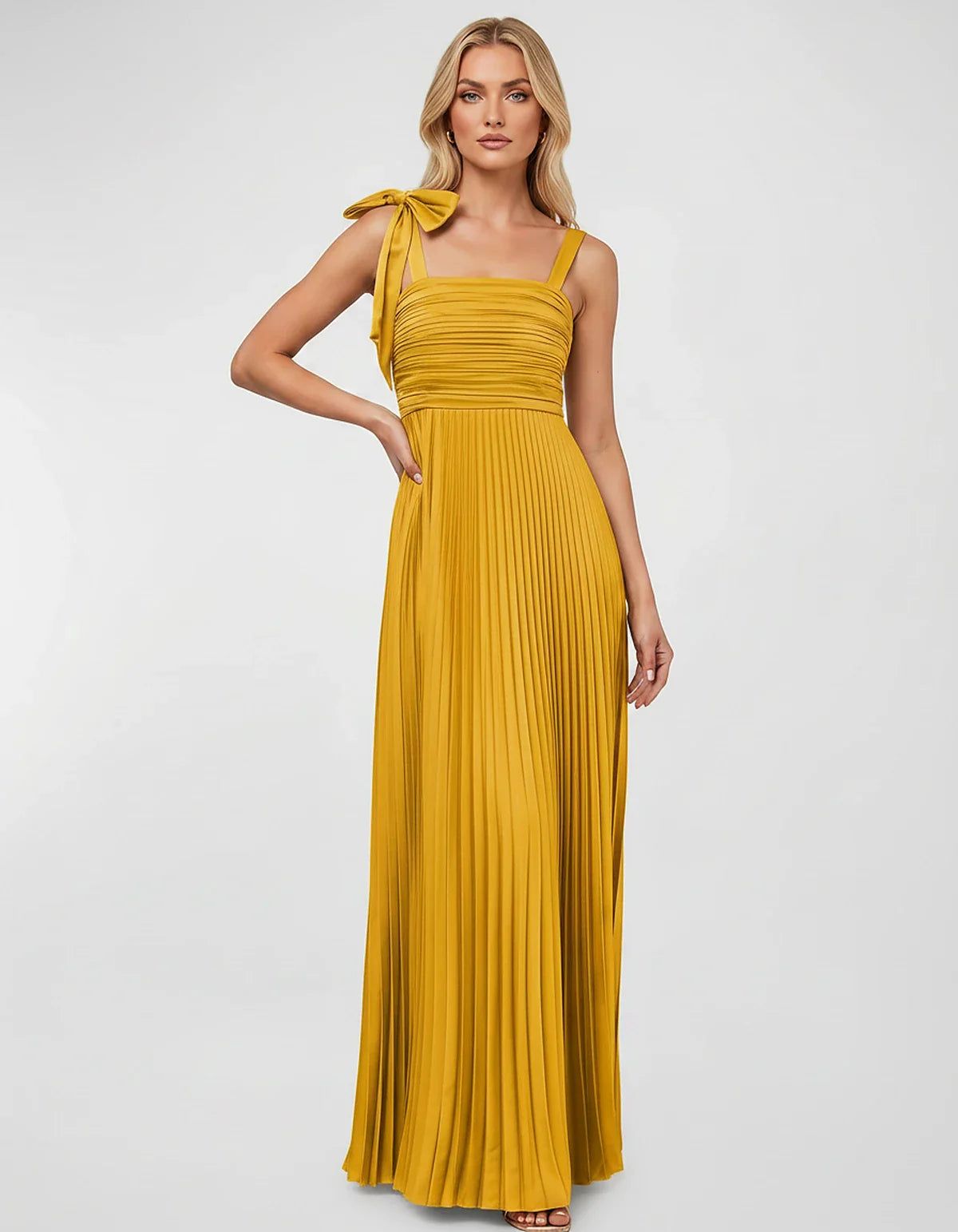 Satin-Feel Sleeveless Square Neck Empire Waist Pleated Maxi Dress for Party, Cocktail, Evening, Wedding Guest & Summer Events | SKU: VMD-583741920684157-GOLD-L,VMD-583741920684157-GOLD-M,VMD-583741920684157-GOLD-S,VMD-583741920684157-GOLD-XL,VMD-583741920684157-GOLD-XS