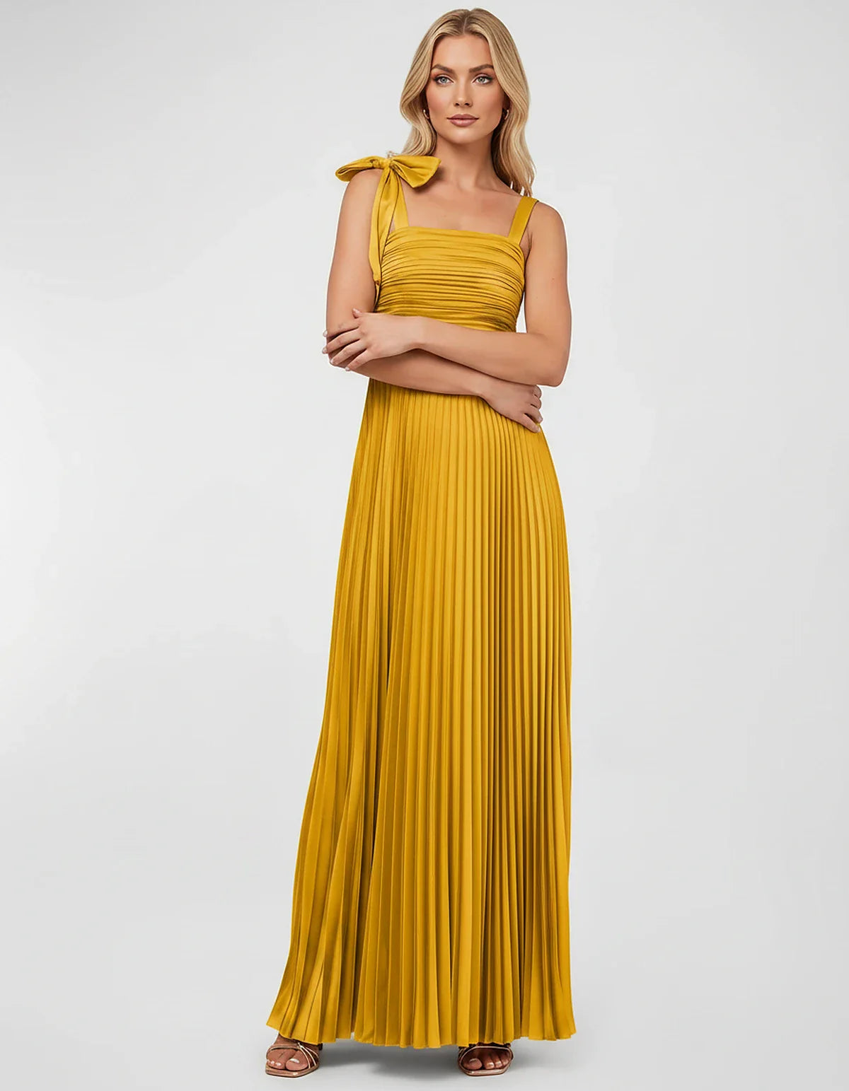 Satin-Feel Sleeveless Square Neck Empire Waist Pleated Maxi Dress for Party, Cocktail, Evening, Wedding Guest & Summer Events | SKU: VMD-583741920684157-GOLD-L,VMD-583741920684157-GOLD-M,VMD-583741920684157-GOLD-S,VMD-583741920684157-GOLD-XL,VMD-583741920684157-GOLD-XS