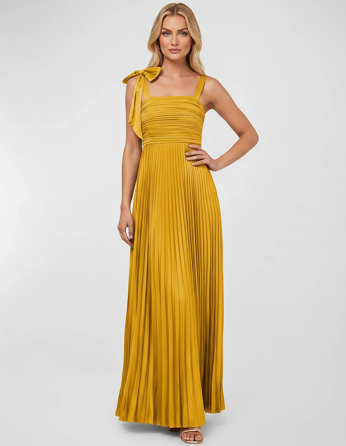 Satin-Feel Sleeveless Square Neck Empire Waist Pleated Maxi Dress for Party, Cocktail, Evening, Wedding Guest & Summer Events | SKU: VMD-583741920684157-GOLD-L,VMD-583741920684157-GOLD-M,VMD-583741920684157-GOLD-S,VMD-583741920684157-GOLD-XL,VMD-583741920684157-GOLD-XS