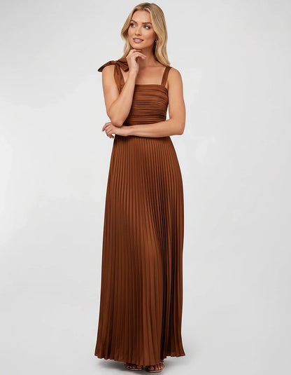 Satin-Feel Sleeveless Square Neck Empire Waist Pleated Maxi Dress for Party, Cocktail, Evening, Wedding Guest & Summer Events | SKU: VMD-583741920684157-BROWN-L,VMD-583741920684157-BROWN-L,VMD-583741920684157-BROWN-S,VMD-583741920684157-BROWN-XL,VMD-583741920684157-BROWN-XS