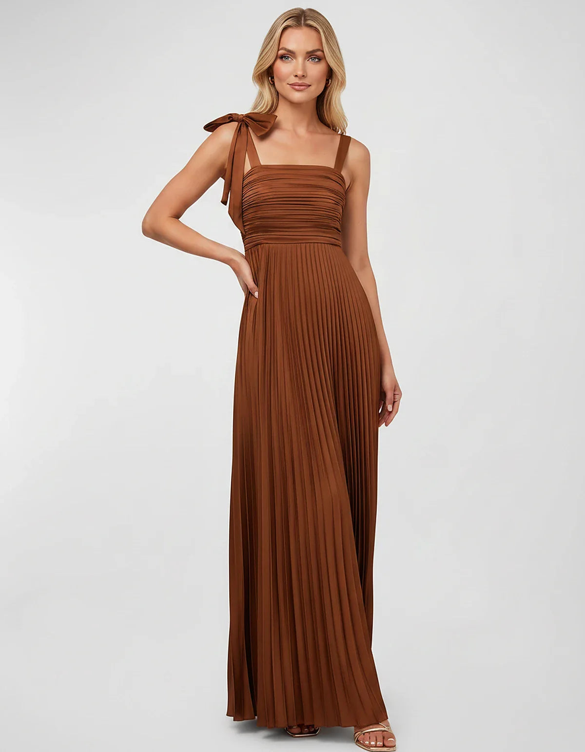 Satin-Feel Sleeveless Square Neck Empire Waist Pleated Maxi Dress for Party, Cocktail, Evening, Wedding Guest & Summer Events | SKU: VMD-583741920684157-BROWN-L,VMD-583741920684157-BROWN-L,VMD-583741920684157-BROWN-S,VMD-583741920684157-BROWN-XL,VMD-583741920684157-BROWN-XS
