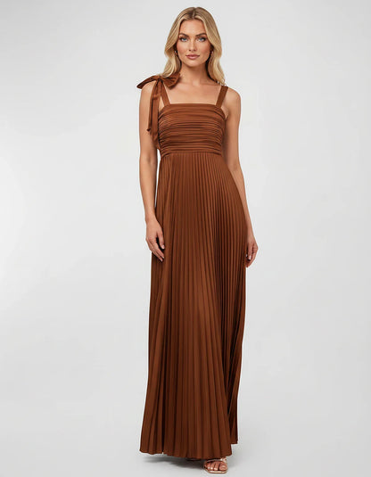 Satin-Feel Sleeveless Square Neck Empire Waist Pleated Maxi Dress for Party, Cocktail, Evening, Wedding Guest & Summer Events | SKU: VMD-583741920684157-BROWN-L,VMD-583741920684157-BROWN-L,VMD-583741920684157-BROWN-S,VMD-583741920684157-BROWN-XL,VMD-583741920684157-BROWN-XS
