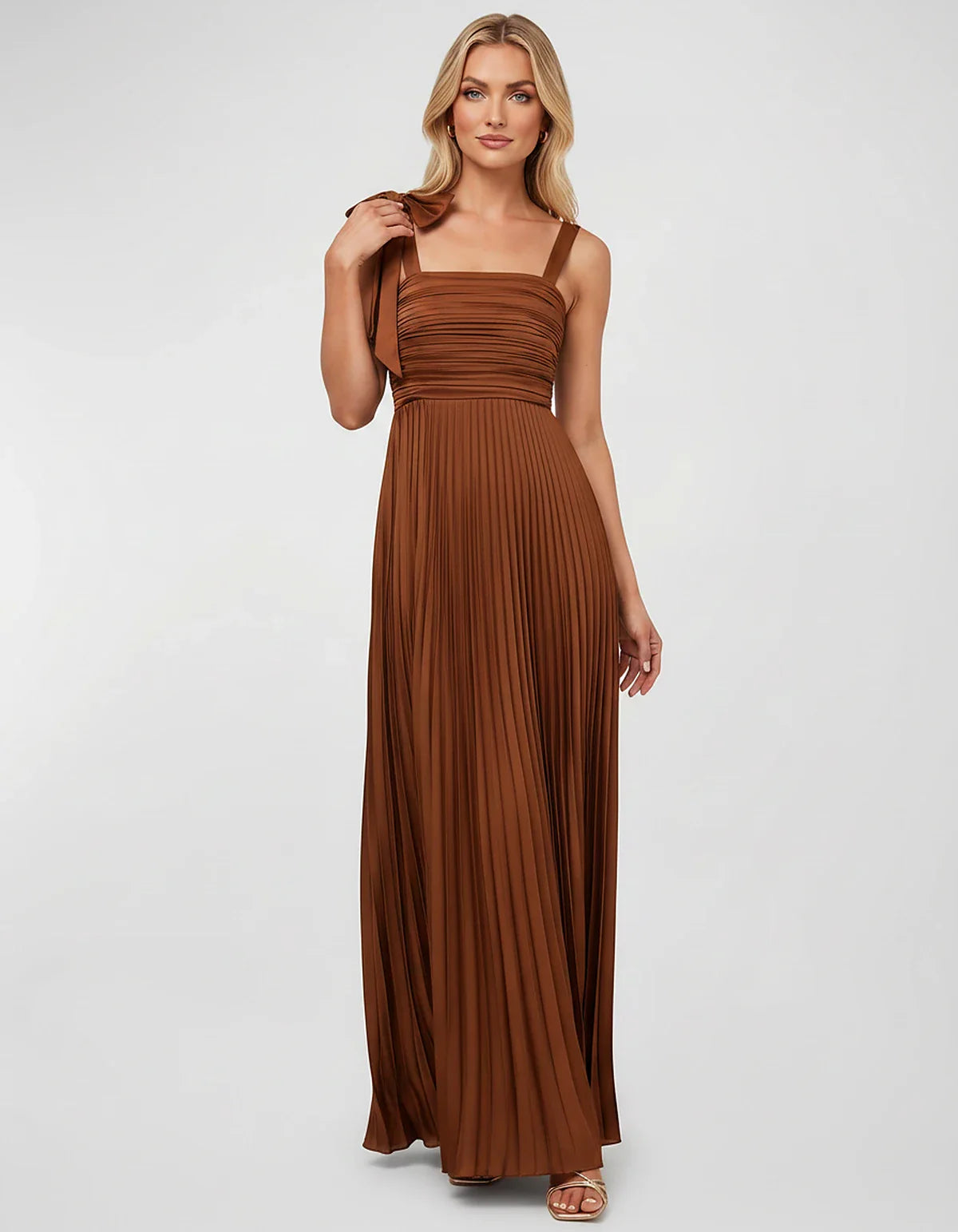 Satin-Feel Sleeveless Square Neck Empire Waist Pleated Maxi Dress for Party, Cocktail, Evening, Wedding Guest & Summer Events | SKU: VMD-583741920684157-BROWN-L,VMD-583741920684157-BROWN-L,VMD-583741920684157-BROWN-S,VMD-583741920684157-BROWN-XL,VMD-583741920684157-BROWN-XS
