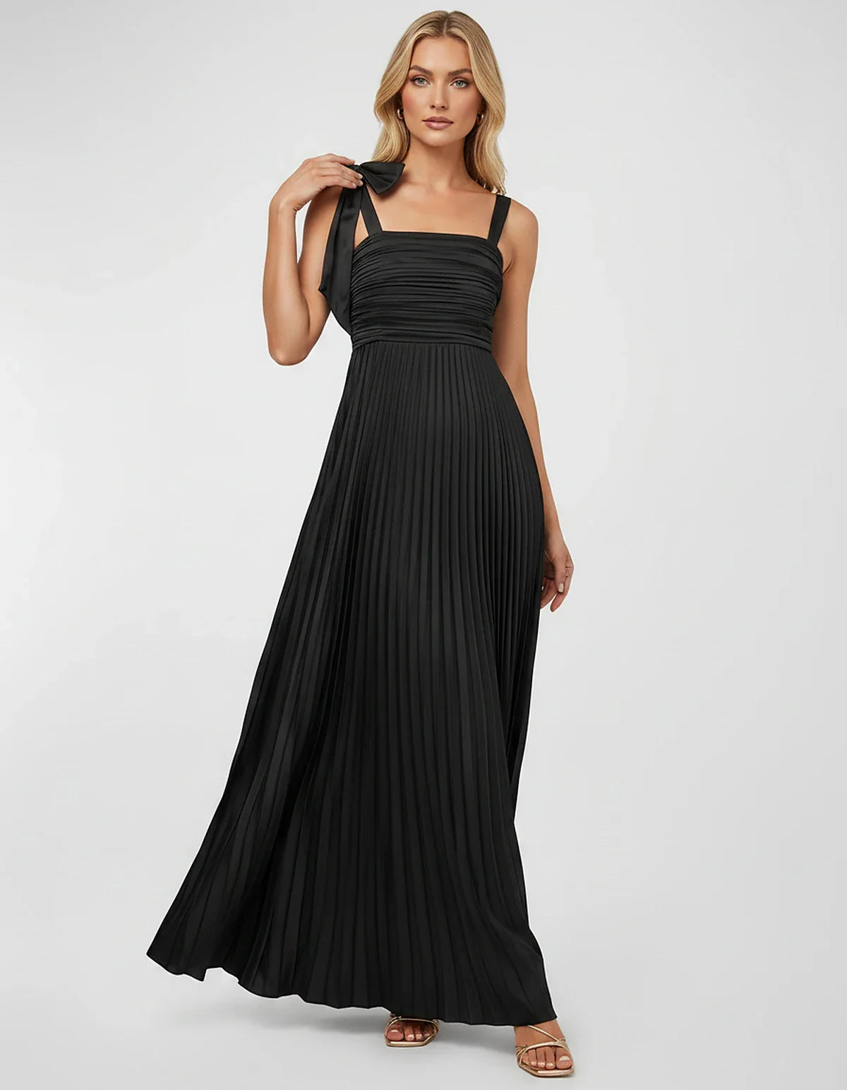 Satin-Feel Sleeveless Square Neck Empire Waist Pleated Maxi Dress for Party, Cocktail, Evening, Wedding Guest & Summer Events | SKU: VMD-583741920684157-BLACK-L,VMD-583741920684157-BLACK-M,VMD-583741920684157-BLACK-S,VMD-583741920684157-BLACK-XL,VMD-583741920684157-BLACK-XS