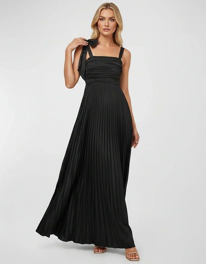 Satin-Feel Sleeveless Square Neck Empire Waist Pleated Maxi Dress for Party, Cocktail, Evening, Wedding Guest & Summer Events | SKU: VMD-583741920684157-BLACK-L,VMD-583741920684157-BLACK-M,VMD-583741920684157-BLACK-S,VMD-583741920684157-BLACK-XL,VMD-583741920684157-BLACK-XS