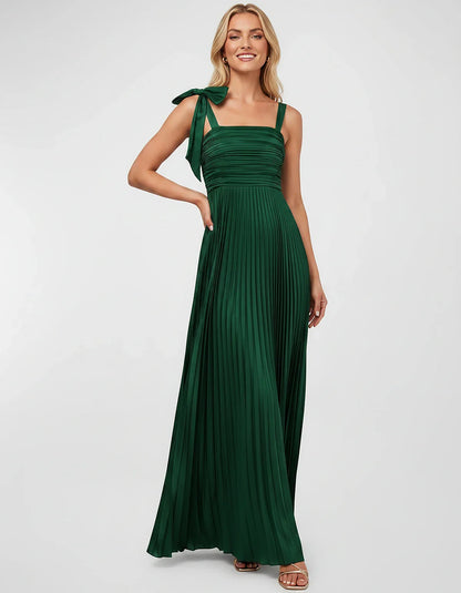 Satin-Feel Sleeveless Square Neck Empire Waist Pleated Maxi Dress for Party, Cocktail, Evening, Wedding Guest & Summer Events | SKU: VMD-583741920684157-GREEN-L,VMD-583741920684157-GREEN-M,VMD-583741920684157-GREEN-S,VMD-583741920684157-GREEN-XL,VMD-583741920684157-GREEN-XS