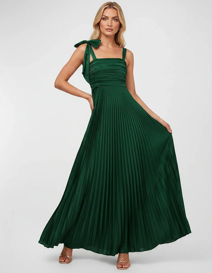 Satin-Feel Sleeveless Square Neck Empire Waist Pleated Maxi Dress for Party, Cocktail, Evening, Wedding Guest & Summer Events | SKU: VMD-583741920684157-GREEN-L,VMD-583741920684157-GREEN-M,VMD-583741920684157-GREEN-S,VMD-583741920684157-GREEN-XL,VMD-583741920684157-GREEN-XS