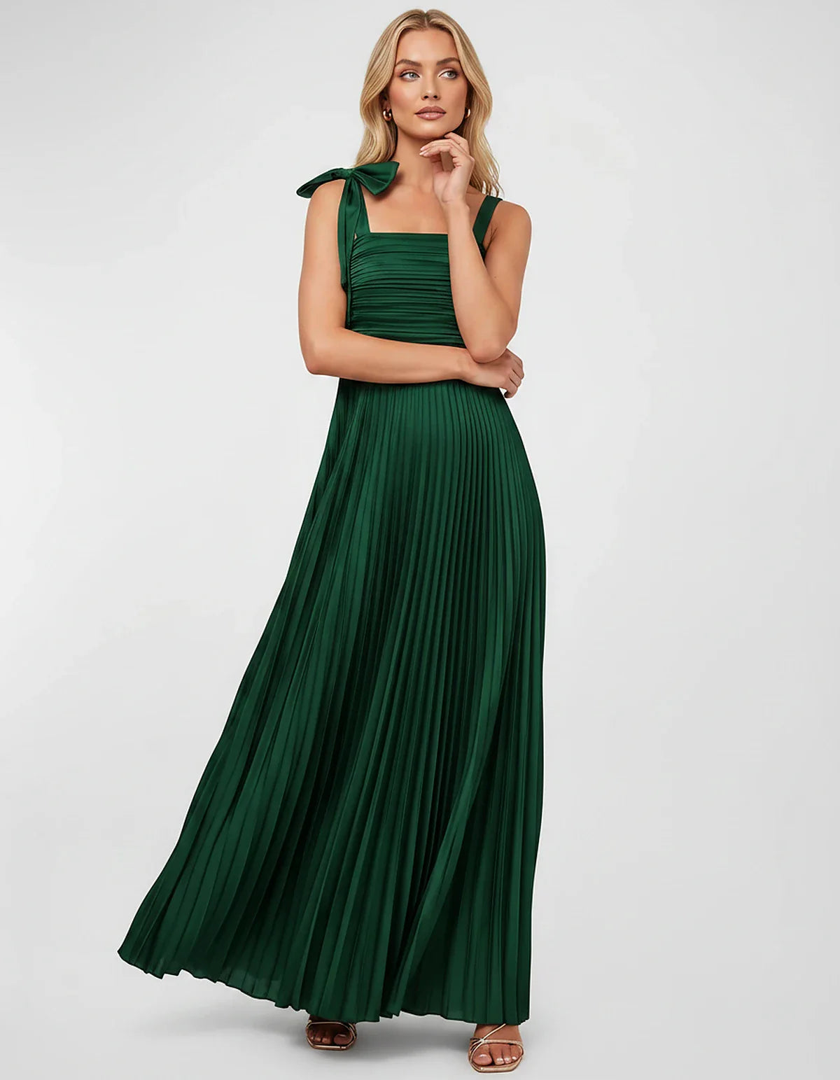 Satin-Feel Sleeveless Square Neck Empire Waist Pleated Maxi Dress for Party, Cocktail, Evening, Wedding Guest & Summer Events | SKU: VMD-583741920684157-GREEN-L,VMD-583741920684157-GREEN-M,VMD-583741920684157-GREEN-S,VMD-583741920684157-GREEN-XL,VMD-583741920684157-GREEN-XS