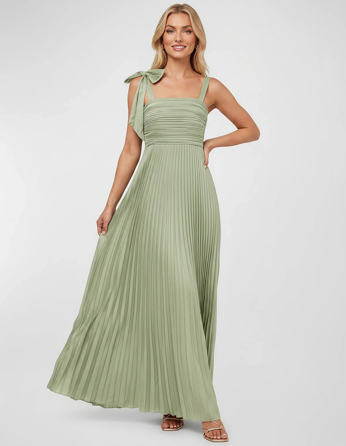 Satin-Feel Sleeveless Square Neck Empire Waist Pleated Maxi Dress for Party, Cocktail, Evening, Wedding Guest & Summer Events | SKU: VMD-583741920684157-SAGE-L,VMD-583741920684157-SAGE-M,VMD-583741920684157-SAGE-S,VMD-583741920684157-SAGE-XL,VMD-583741920684157-SAGE-XS