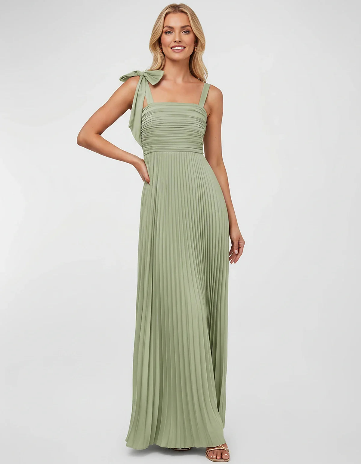 Satin-Feel Sleeveless Square Neck Empire Waist Pleated Maxi Dress for Party, Cocktail, Evening, Wedding Guest & Summer Events | SKU: VMD-583741920684157-SAGE-L,VMD-583741920684157-SAGE-M,VMD-583741920684157-SAGE-S,VMD-583741920684157-SAGE-XL,VMD-583741920684157-SAGE-XS