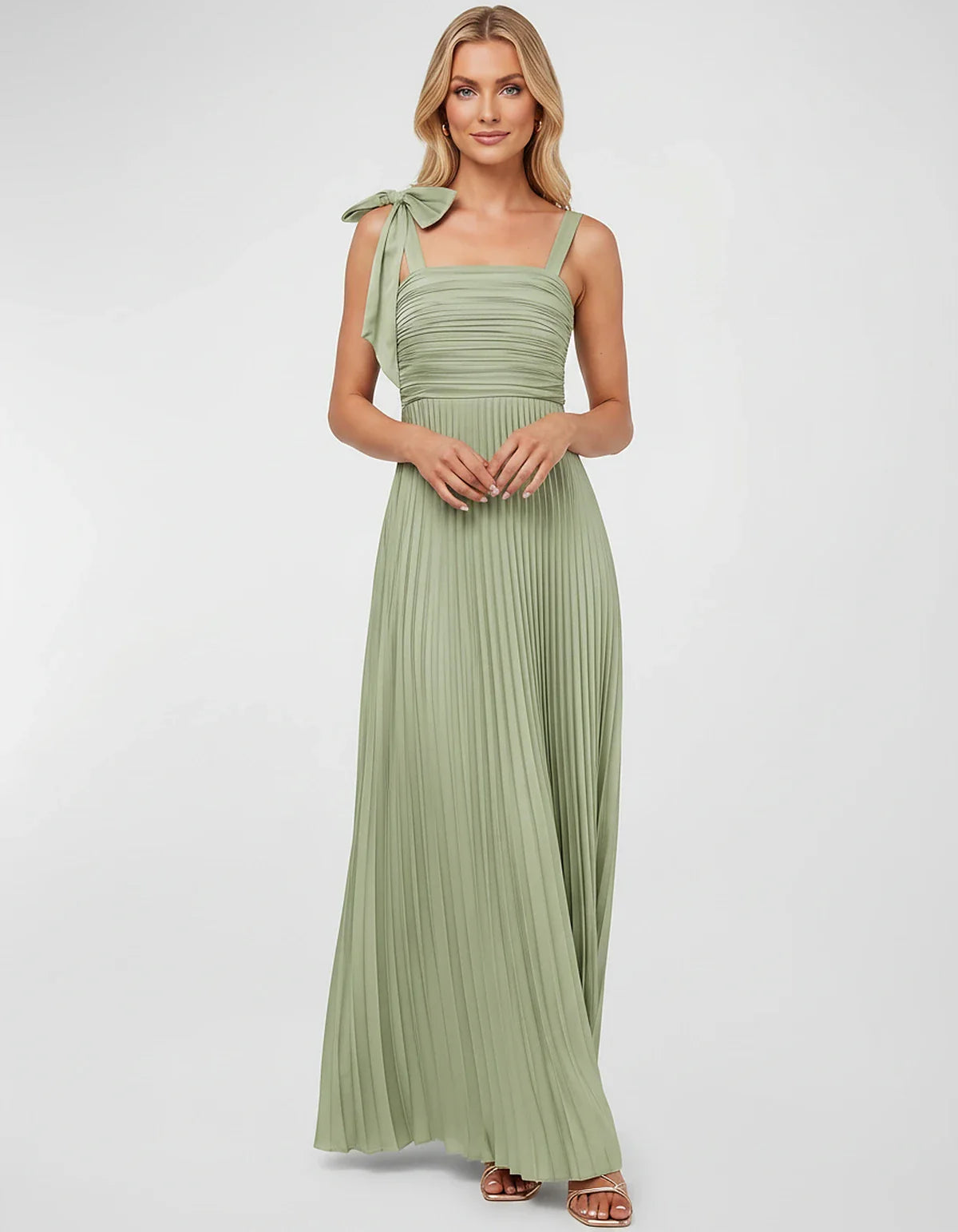 Satin-Feel Sleeveless Square Neck Empire Waist Pleated Maxi Dress for Party, Cocktail, Evening, Wedding Guest & Summer Events | SKU: VMD-583741920684157-SAGE-L,VMD-583741920684157-SAGE-M,VMD-583741920684157-SAGE-S,VMD-583741920684157-SAGE-XL,VMD-583741920684157-SAGE-XS
