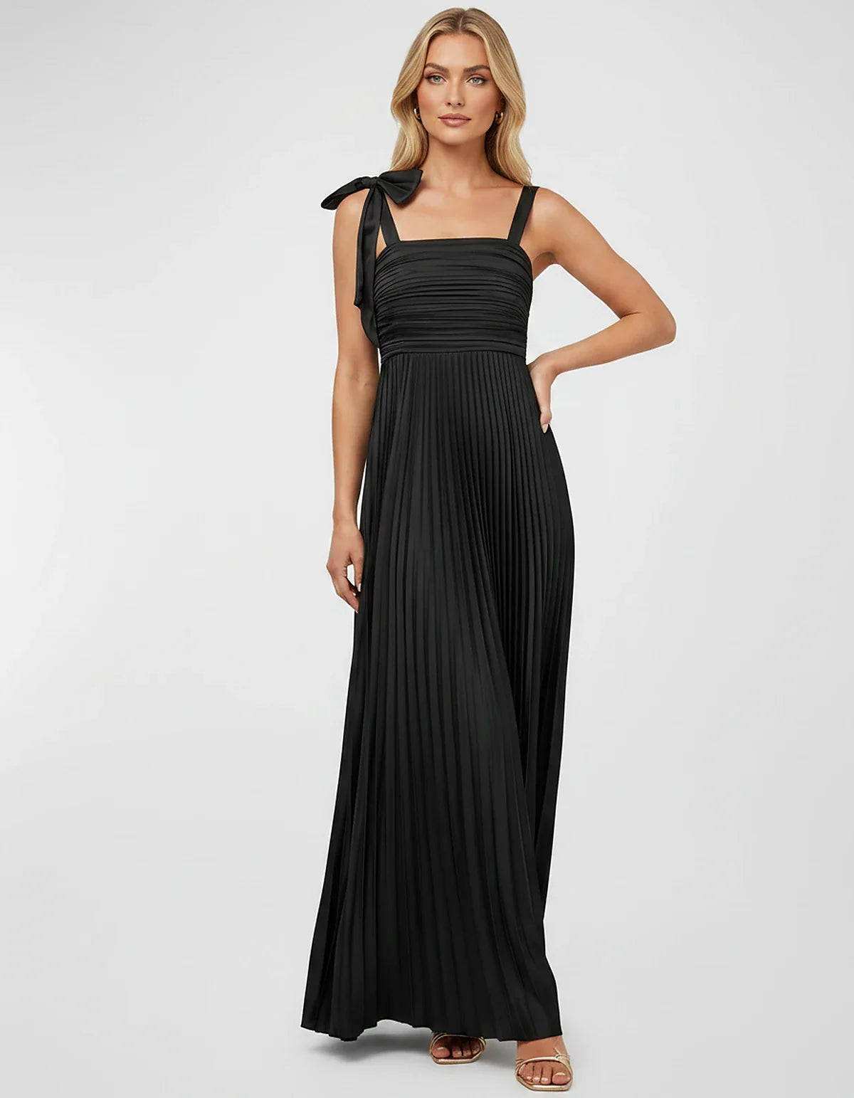 Satin-Feel Sleeveless Square Neck Empire Waist Pleated Maxi Dress for Party, Cocktail, Evening, Wedding Guest & Summer Events | SKU: VMD-583741920684157-BLACK-L,VMD-583741920684157-BLACK-M,VMD-583741920684157-BLACK-S,VMD-583741920684157-BLACK-XL,VMD-583741920684157-BLACK-XS