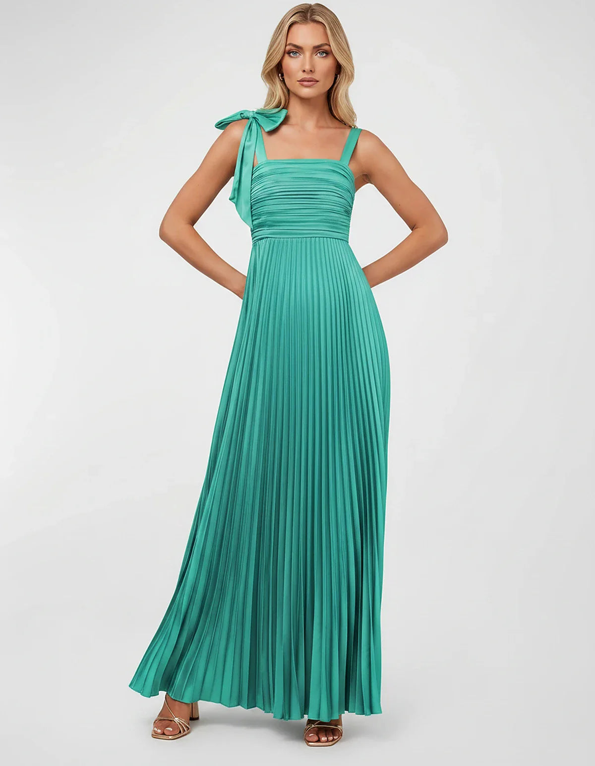 Satin-Feel Sleeveless Square Neck Empire Waist Pleated Maxi Dress for Party, Cocktail, Evening, Wedding Guest & Summer Events | SKU: VMD-583741920684157-TURQUOISE-L,VMD-583741920684157-TURQUOISE-M,VMD-583741920684157-TURQUOISE-S,VMD-583741920684157-TURQUOISE-XL,VMD-583741920684157-TURQUOISE-XS