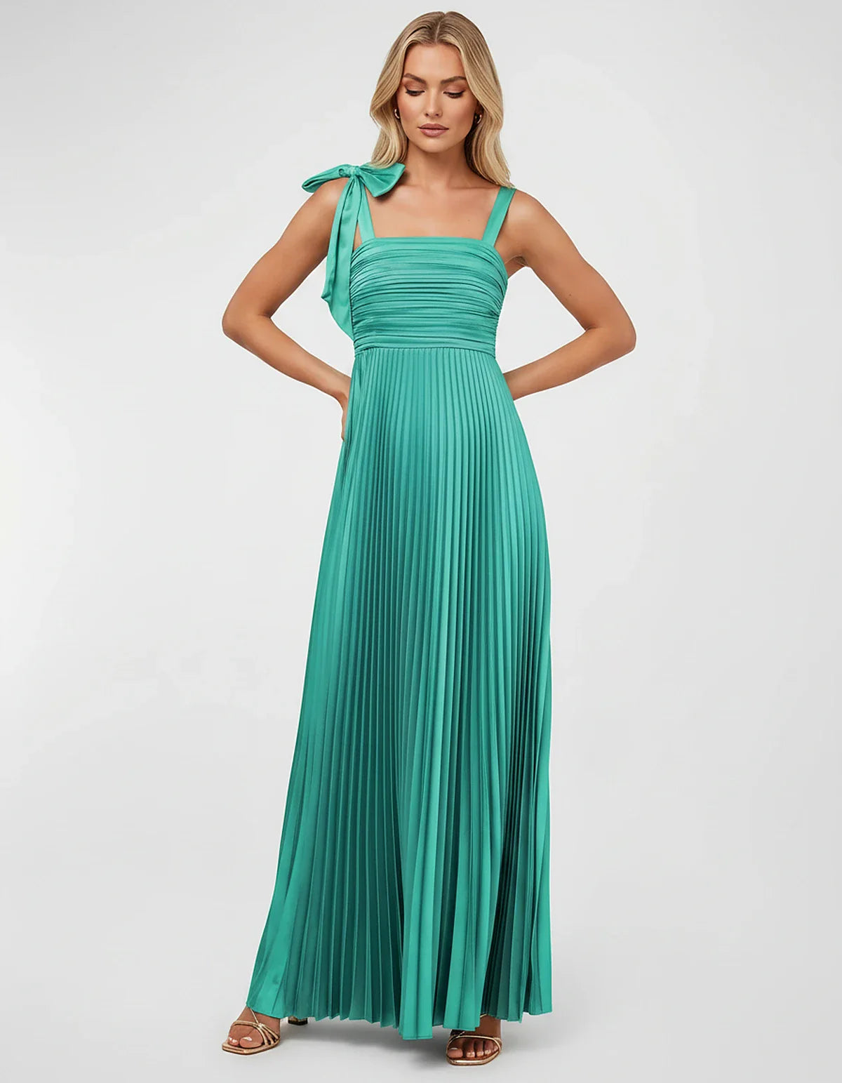 Satin-Feel Sleeveless Square Neck Empire Waist Pleated Maxi Dress for Party, Cocktail, Evening, Wedding Guest & Summer Events | SKU: VMD-583741920684157-TURQUOISE-L,VMD-583741920684157-TURQUOISE-M,VMD-583741920684157-TURQUOISE-S,VMD-583741920684157-TURQUOISE-XL,VMD-583741920684157-TURQUOISE-XS