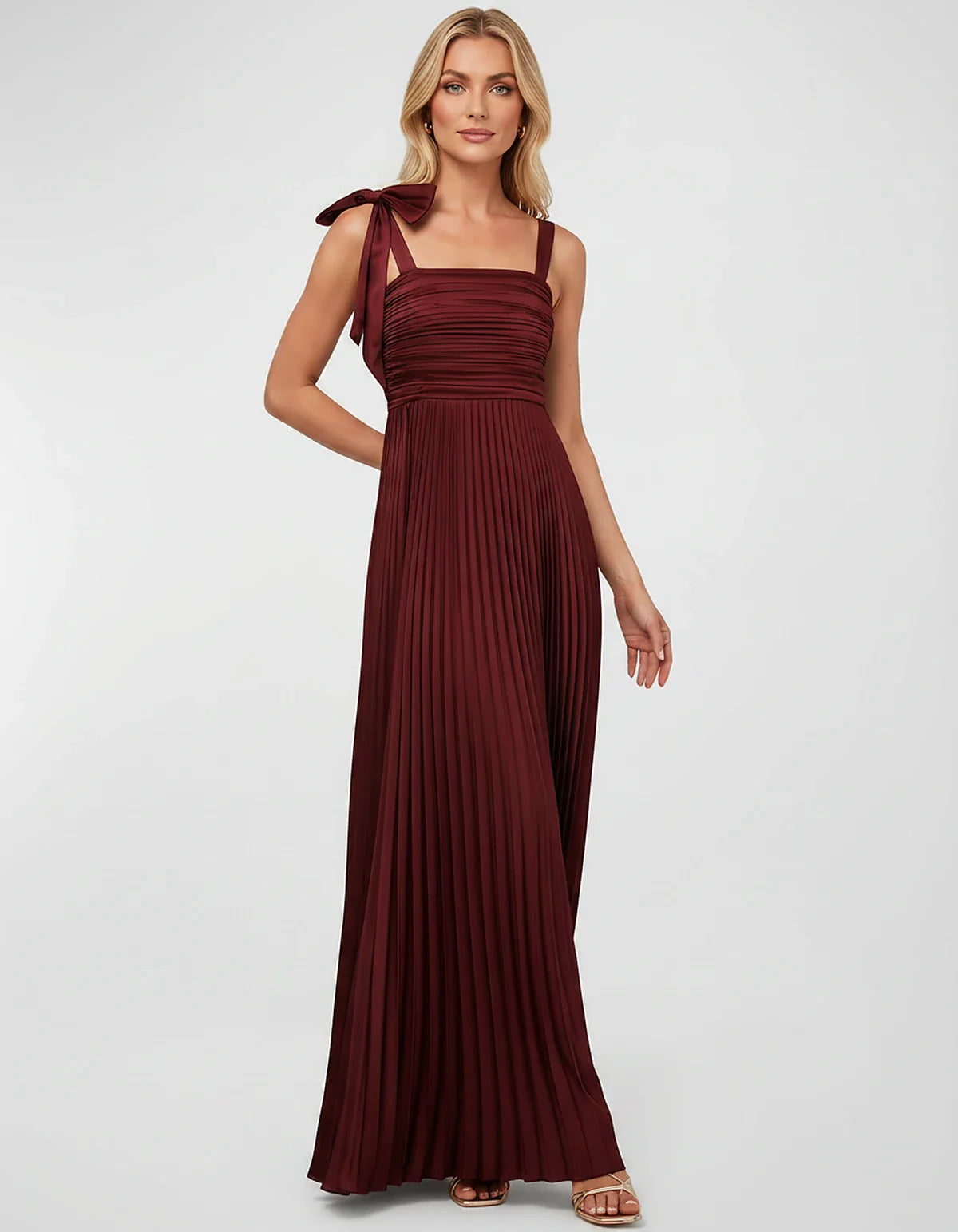 Satin-Feel Sleeveless Square Neck Empire Waist Pleated Maxi Dress for Party, Cocktail, Evening, Wedding Guest & Summer Events | SKU: VMD-583741920684157-WINE-L,VMD-583741920684157-WINE-M,VMD-583741920684157-WINE-S,VMD-583741920684157-WINE-XL,VMD-583741920684157-WINE-XS