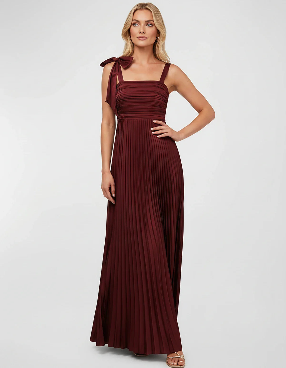 Satin-Feel Sleeveless Square Neck Empire Waist Pleated Maxi Dress for Party, Cocktail, Evening, Wedding Guest & Summer Events | SKU: VMD-583741920684157-WINE-L,VMD-583741920684157-WINE-M,VMD-583741920684157-WINE-S,VMD-583741920684157-WINE-XL,VMD-583741920684157-WINE-XS