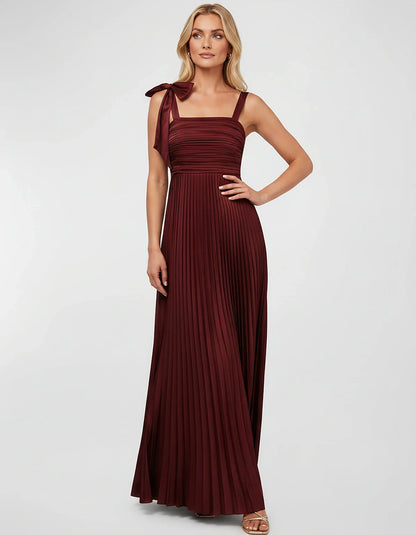Satin-Feel Sleeveless Square Neck Empire Waist Pleated Maxi Dress for Party, Cocktail, Evening, Wedding Guest & Summer Events | SKU: VMD-583741920684157-WINE-L,VMD-583741920684157-WINE-M,VMD-583741920684157-WINE-S,VMD-583741920684157-WINE-XL,VMD-583741920684157-WINE-XS