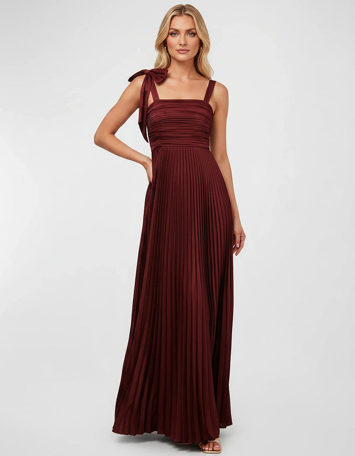Satin-Feel Sleeveless Square Neck Empire Waist Pleated Maxi Dress for Party, Cocktail, Evening, Wedding Guest & Summer Events | SKU: VMD-583741920684157-WINE-L,VMD-583741920684157-WINE-M,VMD-583741920684157-WINE-S,VMD-583741920684157-WINE-XL,VMD-583741920684157-WINE-XS