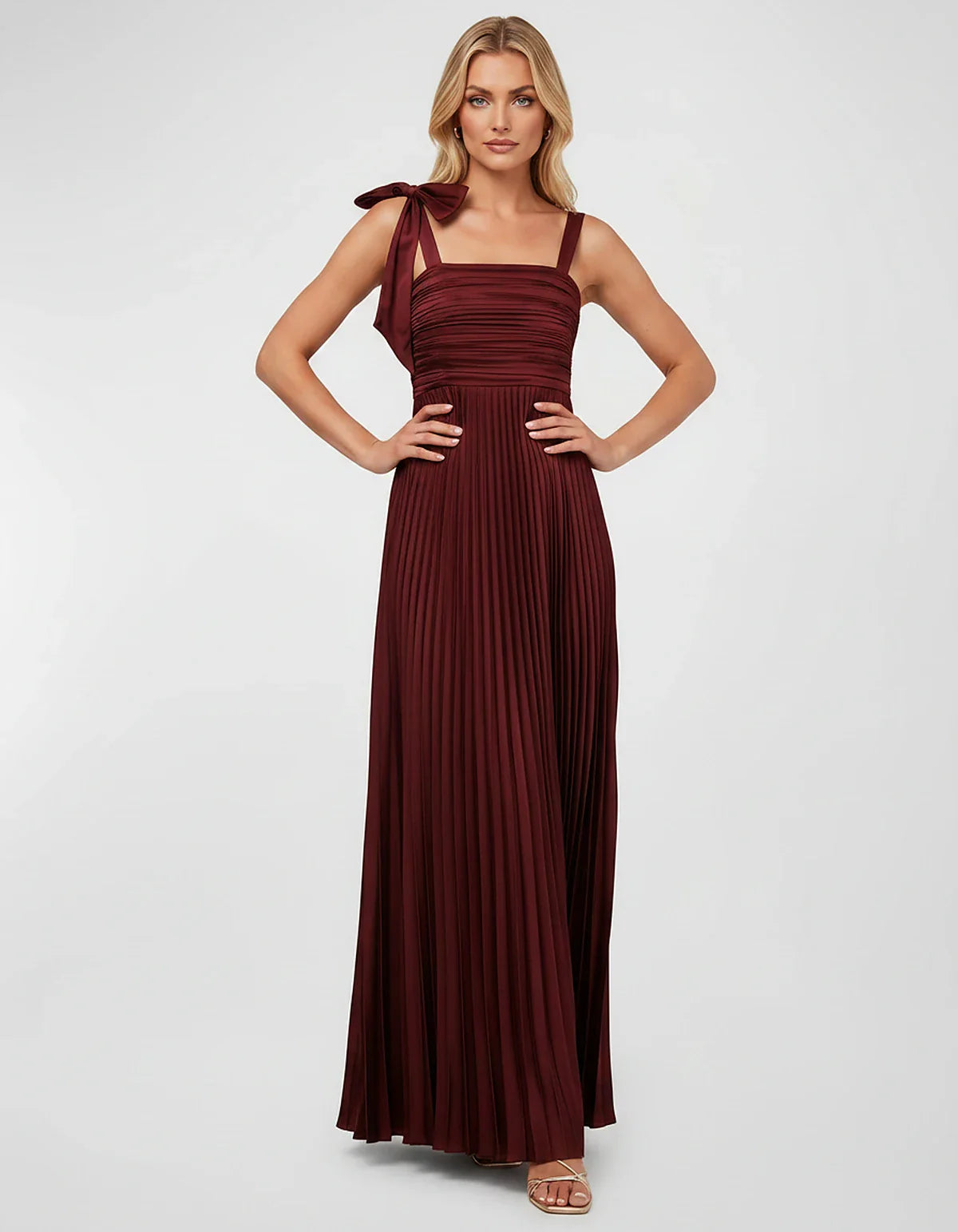 Satin-Feel Sleeveless Square Neck Empire Waist Pleated Maxi Dress for Party, Cocktail, Evening, Wedding Guest & Summer Events | SKU: VMD-583741920684157-WINE-L,VMD-583741920684157-WINE-M,VMD-583741920684157-WINE-S,VMD-583741920684157-WINE-XL,VMD-583741920684157-WINE-XS