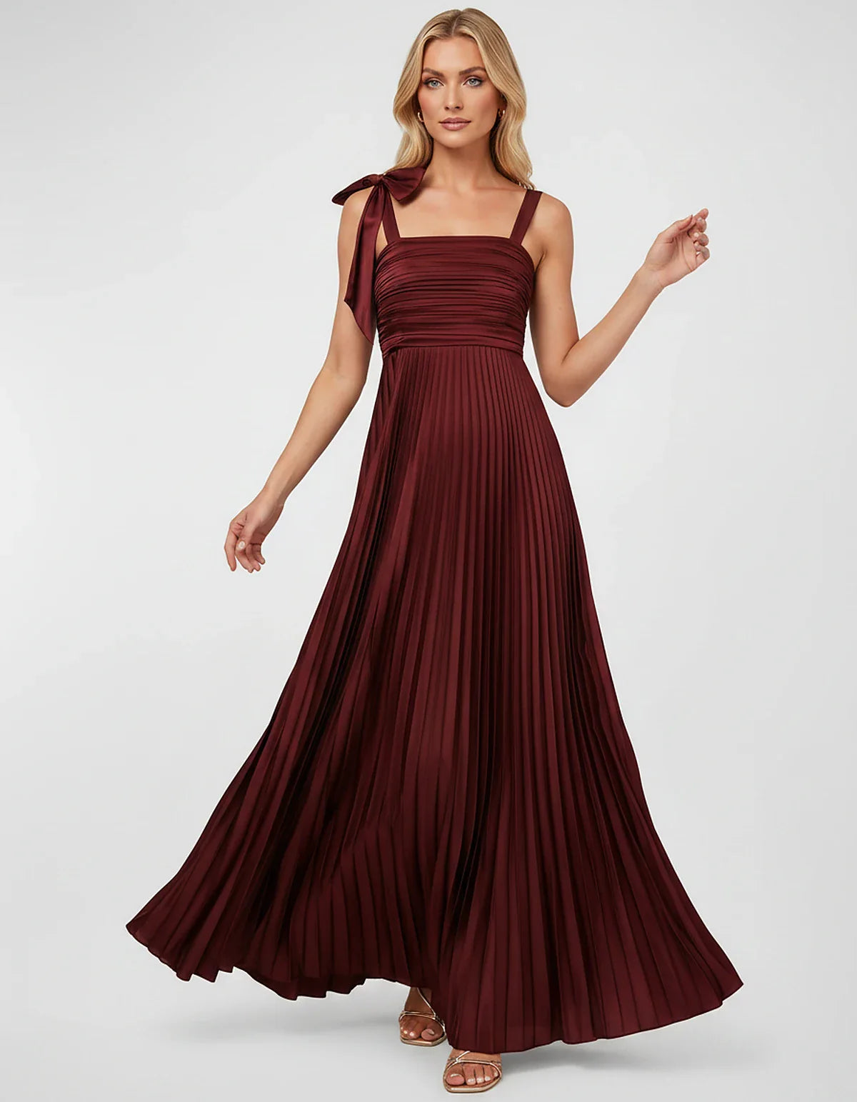 Satin-Feel Sleeveless Square Neck Empire Waist Pleated Maxi Dress for Party, Cocktail, Evening, Wedding Guest & Summer Events | SKU: VMD-583741920684157-WINE-L,VMD-583741920684157-WINE-M,VMD-583741920684157-WINE-S,VMD-583741920684157-WINE-XL,VMD-583741920684157-WINE-XS