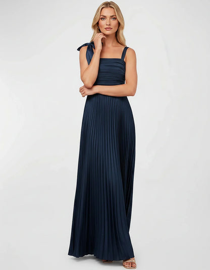 Satin-Feel Sleeveless Square Neck Empire Waist Pleated Maxi Dress for Party, Cocktail, Evening, Wedding Guest & Summer Events | SKU: VMD-583741920684157-NAVY-L,VMD-583741920684157-NAVY-M,VMD-583741920684157-NAVY-S,VMD-583741920684157-NAVY-XL,VMD-583741920684157-NAVY-XS
