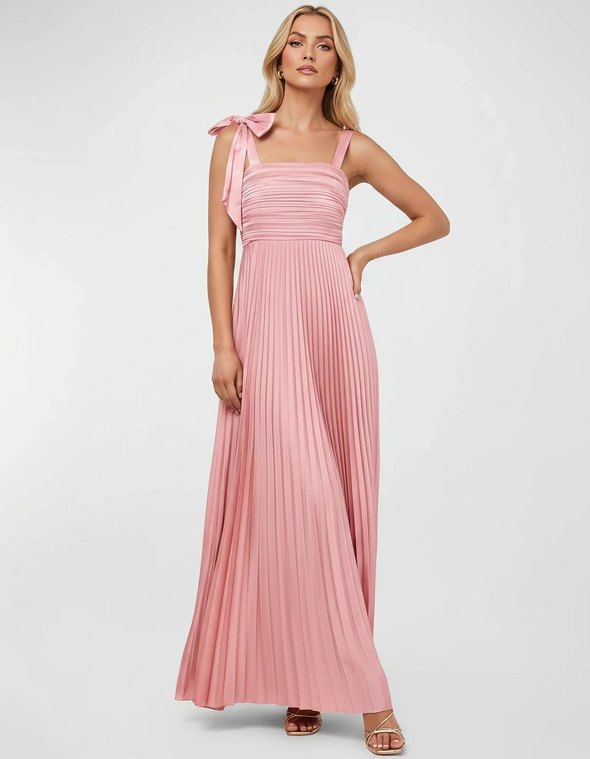 Satin-Feel Sleeveless Square Neck Empire Waist Pleated Maxi Dress for Party, Cocktail, Evening, Wedding Guest & Summer Events | SKU: VMD-583741920684157-PINK-L,VMD-583741920684157-PINK-M,VMD-583741920684157-PINK-S,VMD-583741920684157-PINK-XL,VMD-583741920684157-PINK-XS