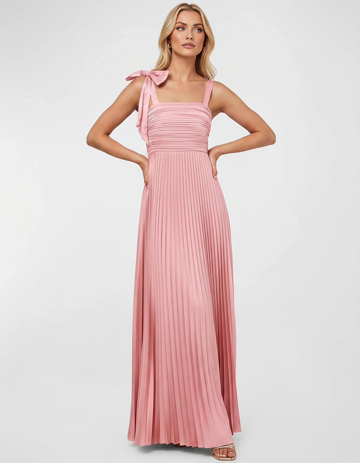 Satin-Feel Sleeveless Square Neck Empire Waist Pleated Maxi Dress for Party, Cocktail, Evening, Wedding Guest & Summer Events | SKU: VMD-583741920684157-PINK-L,VMD-583741920684157-PINK-M,VMD-583741920684157-PINK-S,VMD-583741920684157-PINK-XL,VMD-583741920684157-PINK-XS