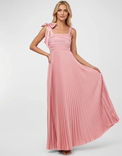 Satin-Feel Sleeveless Square Neck Empire Waist Pleated Maxi Dress for Party, Cocktail, Evening, Wedding Guest & Summer Events | SKU: VMD-583741920684157-PINK-L,VMD-583741920684157-PINK-M,VMD-583741920684157-PINK-S,VMD-583741920684157-PINK-XL,VMD-583741920684157-PINK-XS