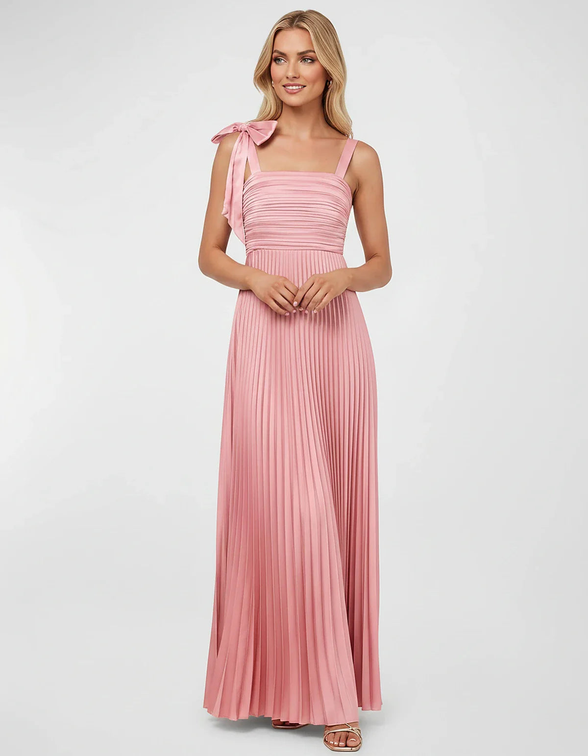 Satin-Feel Sleeveless Square Neck Empire Waist Pleated Maxi Dress for Party, Cocktail, Evening, Wedding Guest & Summer Events | SKU: VMD-583741920684157-PINK-L,VMD-583741920684157-PINK-M,VMD-583741920684157-PINK-S,VMD-583741920684157-PINK-XL,VMD-583741920684157-PINK-XS