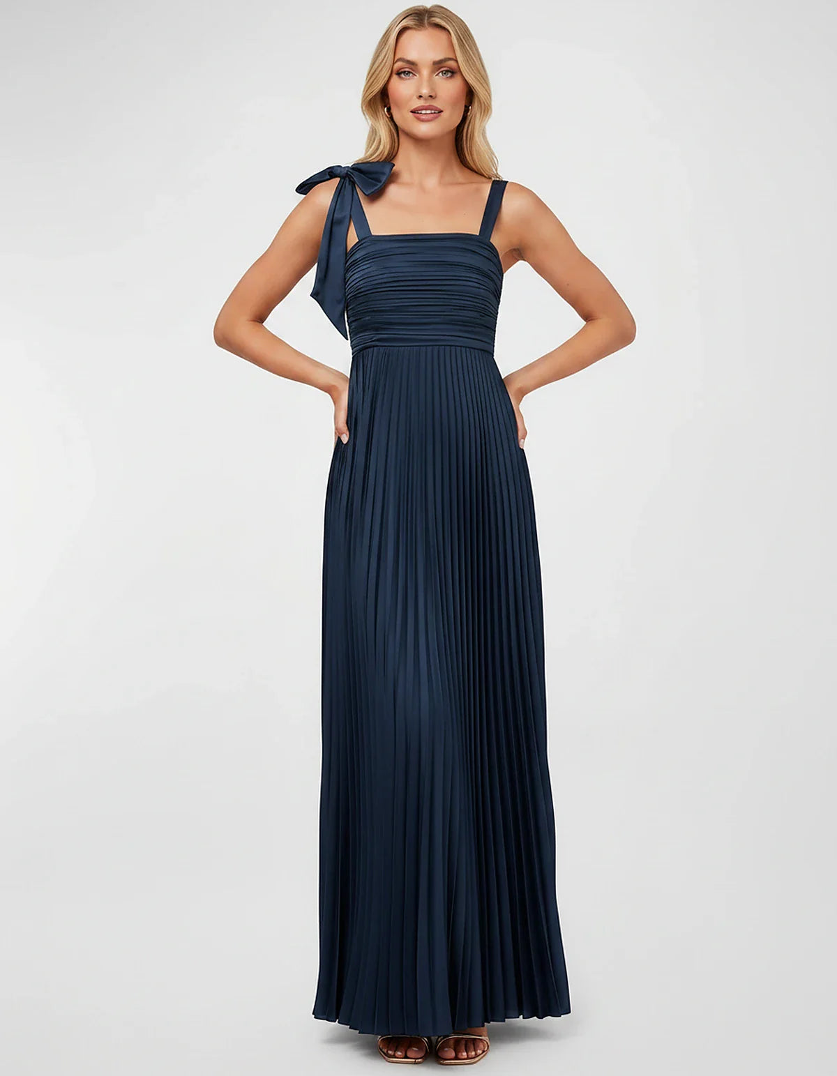 Satin-Feel Sleeveless Square Neck Empire Waist Pleated Maxi Dress for Party, Cocktail, Evening, Wedding Guest & Summer Events | SKU: VMD-583741920684157-NAVY-L,VMD-583741920684157-NAVY-M,VMD-583741920684157-NAVY-S,VMD-583741920684157-NAVY-XL,VMD-583741920684157-NAVY-XS