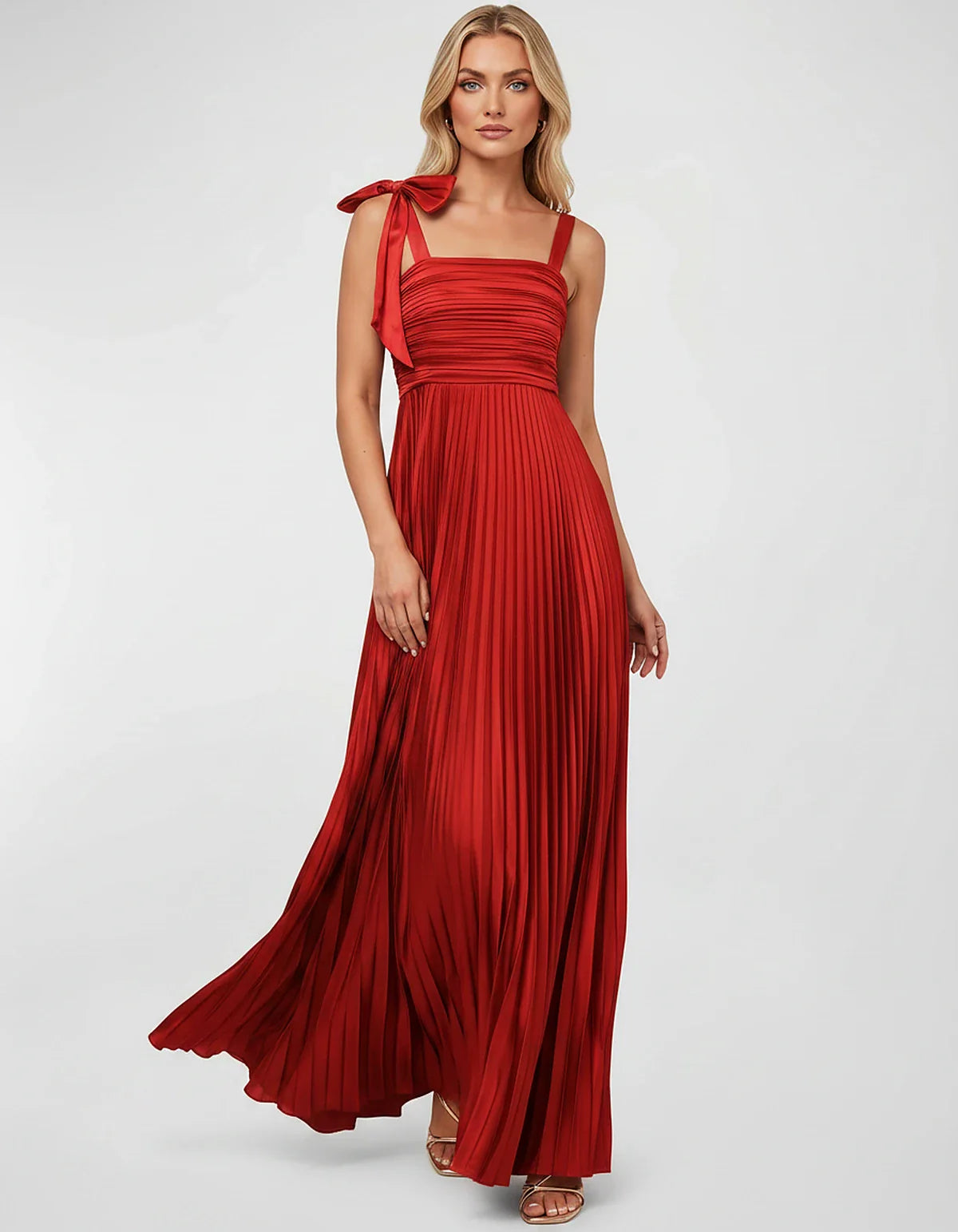 Satin-Feel Sleeveless Square Neck Empire Waist Pleated Maxi Dress for Party, Cocktail, Evening, Wedding Guest & Summer Events | SKU: VMD-583741920684157-RED-L,VMD-583741920684157-RED-M,VMD-583741920684157-RED-S,VMD-583741920684157-RED-XL,VMD-583741920684157-RED-XS